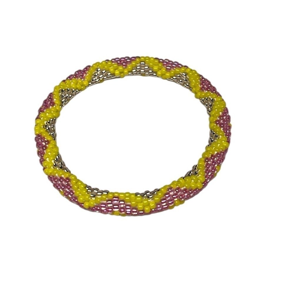 Handcrafted Sashka Yellow Pink Silver Glass Beaded Bracelet Blushed Sunrise
